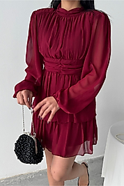 Bordo Şifon Katlı Mini Elbise 1.249,00 TL