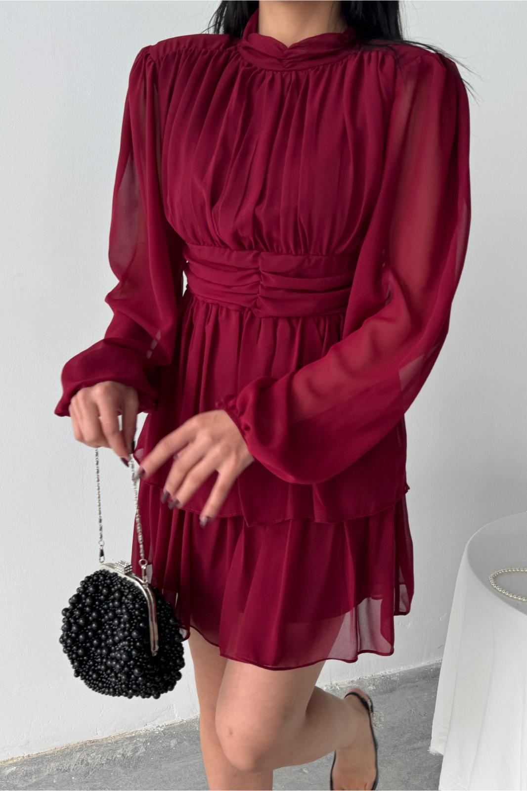 Bordo Şifon Katlı Mini Elbise 1.249,00 TL